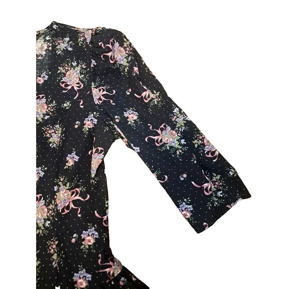 Vintage 90s Drop Waist Dress Black Floral Button Front Pockets Coquette Twee L